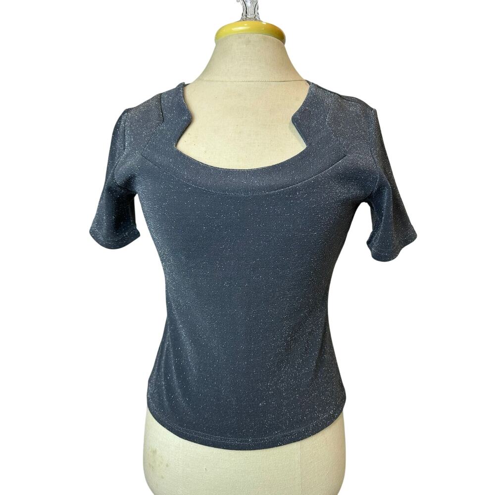 Vintage Y2K Cinq Shimmer Top Women's S/M Gray Square Neck Short Sleeve Blouse